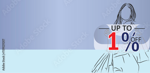 create an enticing banner for a one percent discount on a product or service, illustration shopping girl lineart design