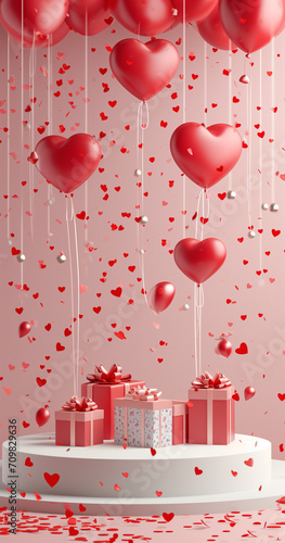 Express your love with a Valentine's Day background featuring red and pink heart-shaped balloons on a delightful pink backdrop. Flat lay composition for a romantic touch photo