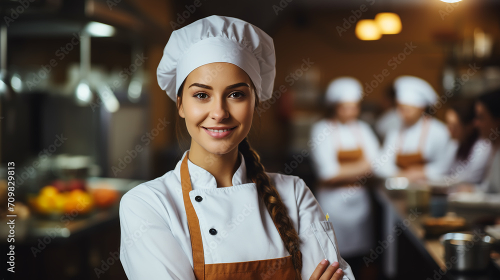Smiling female bakers looking at camera..Chefs baker in a chef dress and hat, cooking together in kitchen. Smiling female bakers looking at camera..Chefs baker in a chef dress and hat, cooking together in kitchen.