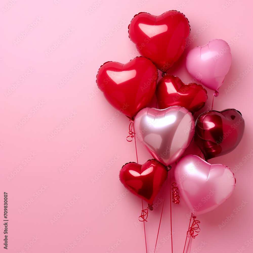 Express your love with a Valentine's Day background featuring red and pink heart-shaped balloons on a delightful pink backdrop. Flat lay composition for a romantic touch