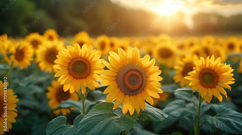 Photo of a field with sunflowers on a sunny evening
