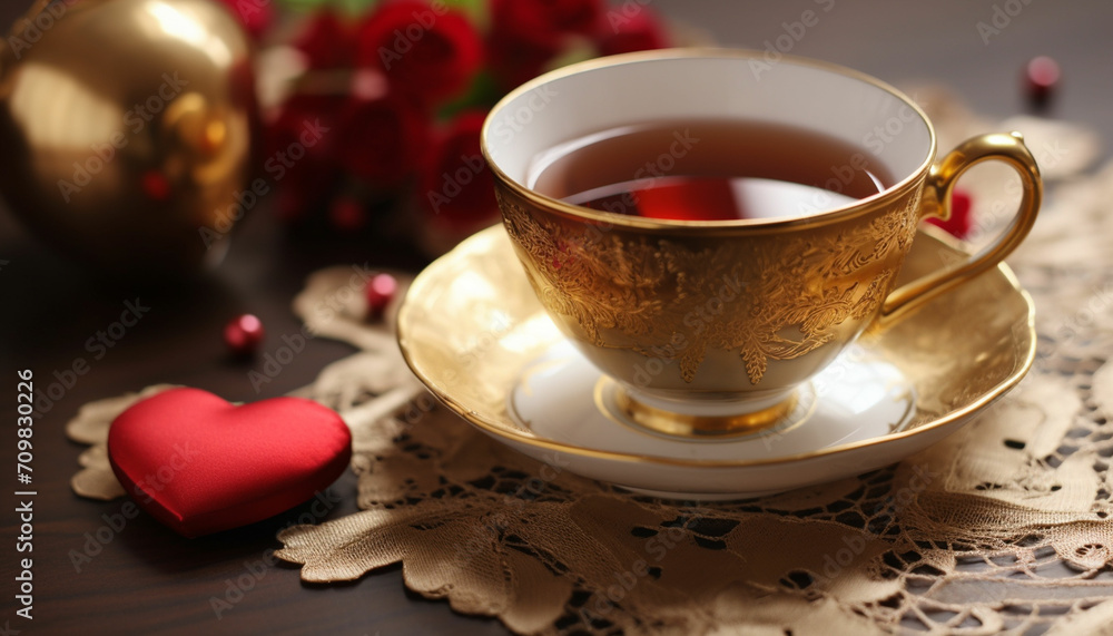 Fototapeta premium Illustrate a teacup as a decorative goblet, filled with hearts, and a basket brimming with heart shaped tea bags or love themed gifts. Leave space for a warm Valentine's note.
