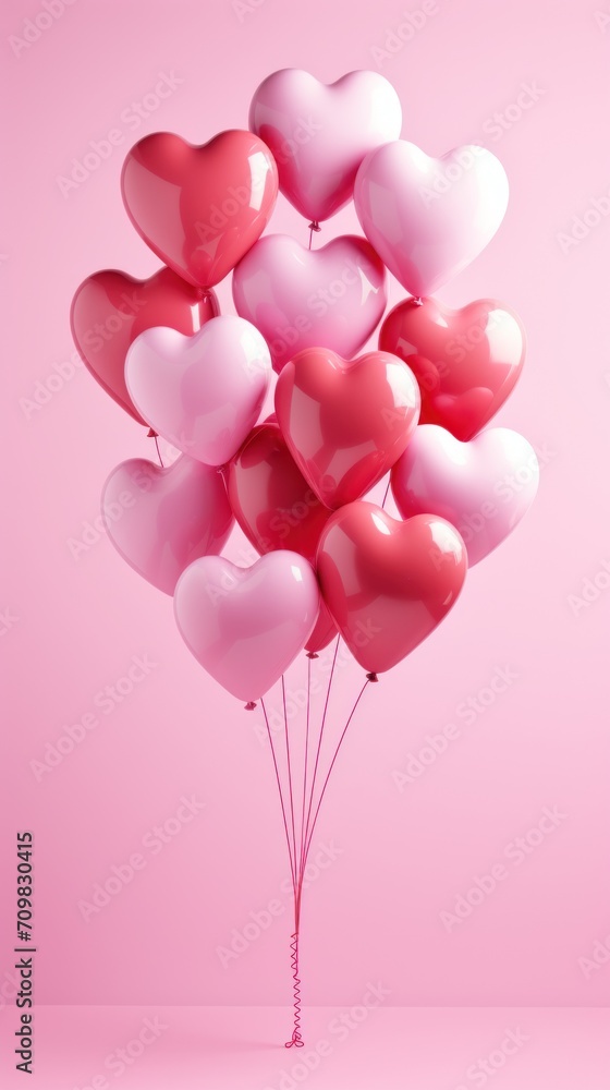 heart balloons are flying on the pink background