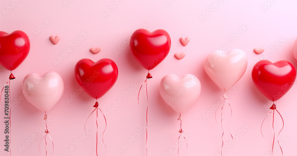 Express your love with a Valentine's Day background featuring red and pink heart-shaped balloons on a delightful pink backdrop. Flat lay composition for a romantic touch