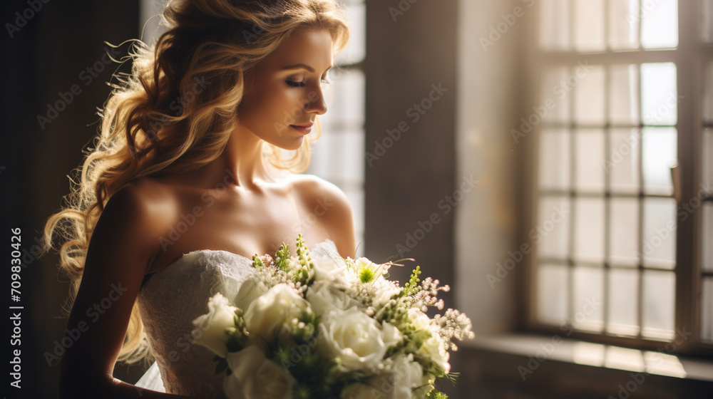 Portrait of the beautiful bride against a window indoors