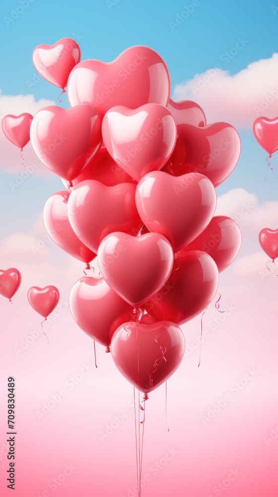 heart balloons are flying on the pink background