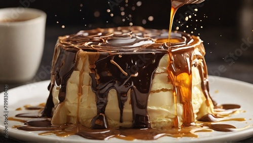 Highlight the art of drizzling. Capture the moment when chocolate  caramel  or syrup elegantly cascades over a dessert or dish. - Generative AI