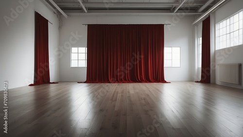 Empty gallery studio with plain white walls and red curtain drapes from Generative AI