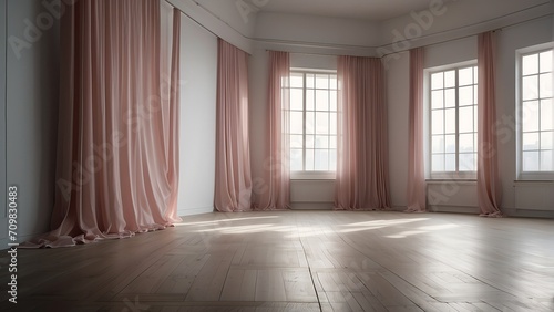 Empty gallery studio with plain white walls and pink curtain drapes from Generative AI © sevenSkies