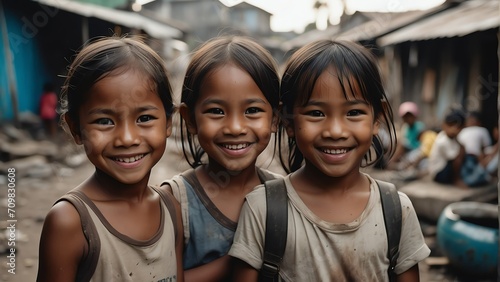 Portrait of smiling indonesian kids on poor slums area background from Generative AI