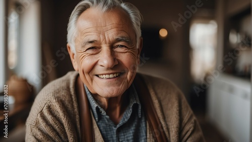 Portrait of a smiling elderly man on a cozy home background from Generative AI