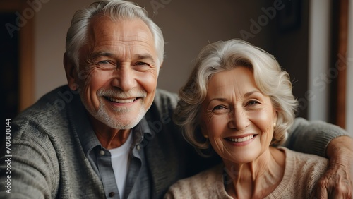 Portrait of a smiling elderly couple on a cozy home background from Generative AI