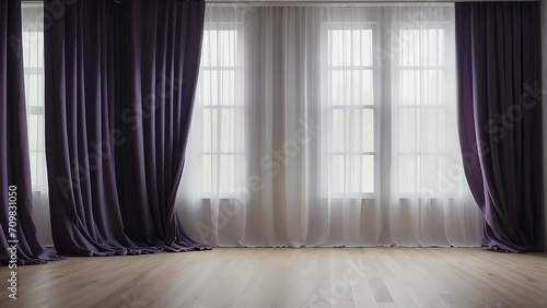 Plain white walls with purple curtain drapes from Generative AI