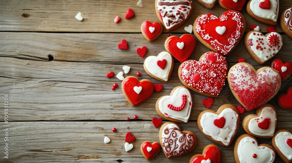 Heart-shaped cookies and treats, valentine theme, copy space. Heart-shaped cookies and treats, valentine theme, copy space.