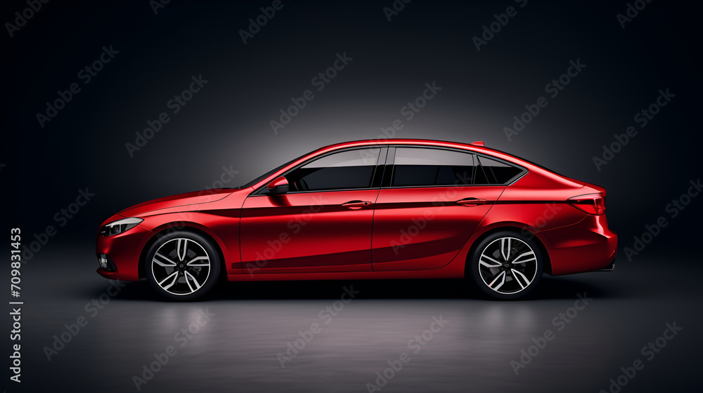 Modern red sports car in a spotlight on a black background. Front view. Generated AI