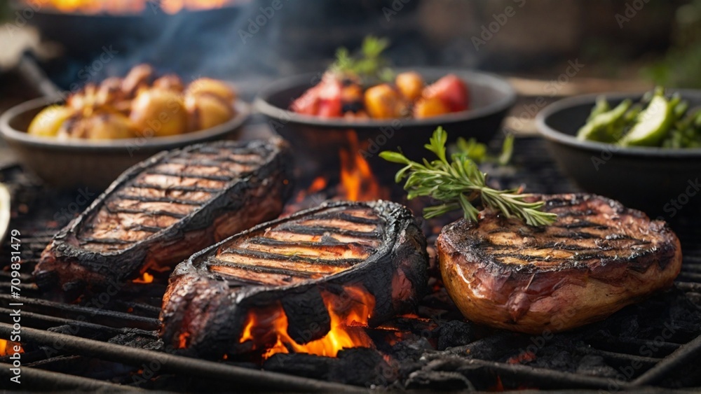 Explore the world of charred or grilled foods. Capture the smoky, caramelized exterior of grilled meats, vegetables, or even fruits. - Generative AI Explore the world of charred or grilled foods. Capture the smoky, caramelized exterior of grilled meats, vegetables, or even fruits. - Generative AI