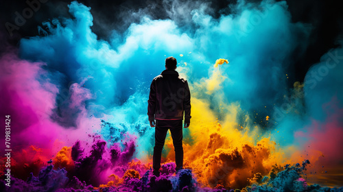 Person standing in between color smoke bombs
