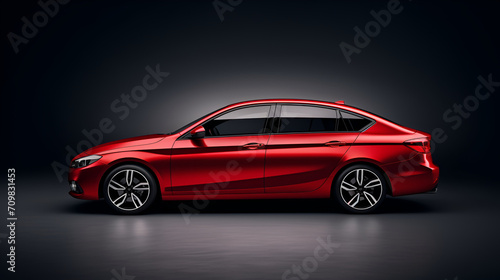 Modern red sports car in a spotlight on a black background. Front view. Generated AI © natalystudio