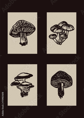 Set of quirky scandi folkart of floral clipart illustrations in woodland scandi style. Collection of linocut forest floral icons. 