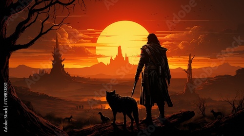 The silhouette of a warrior with a pack of wolves is seen looking at the sunset sky.