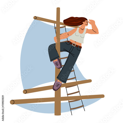 A brave woman at the top of the mast looks into the distance. Color vector illustration isolated on a white background in a cartoon and flat design.