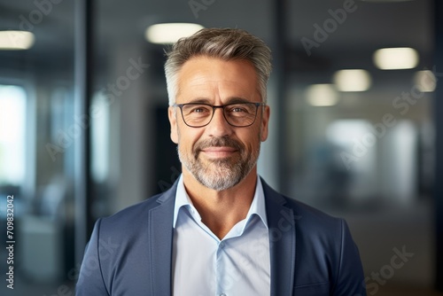 Happy mid aged older business man executive standing in office. Smiling 50 year old mature confident professional manager  confident businessman investor looking at camera  Generative AI