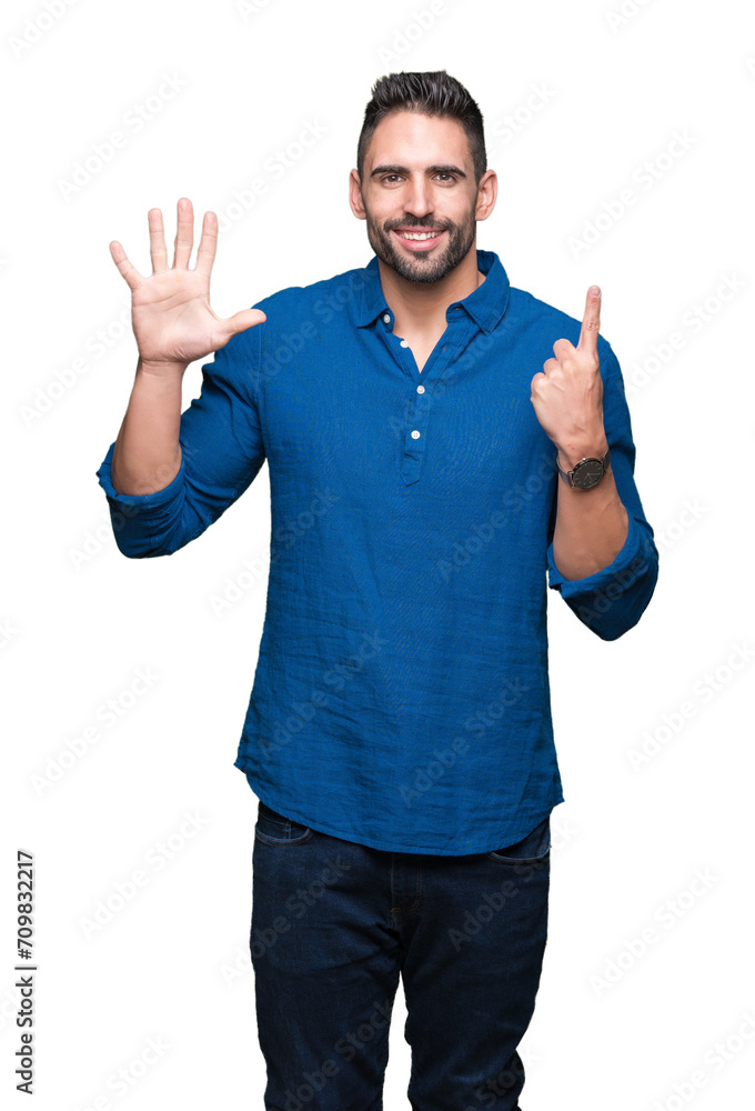 Young handsome man over isolated background showing and pointing up with fingers number six while smiling confident and happy. Young handsome man over isolated background showing and pointing up with fingers number six while smiling confident and happy.