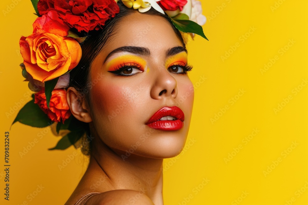 Close-up of a Latina woman's face with bold makeup and flowers in her hair, isolated on a bright yellow background.