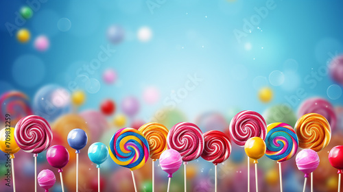 lollipops candy border background. hard candies on stick photo