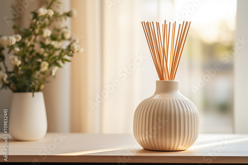 A scent diffuser bottle with flowers. Home fragrance in the form of aromatic perfume. Beige color scheme. Modern interior on blurred background