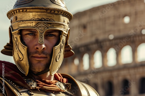 Close-up of a male Roman Emperor warrior in battle armor, with an intense gaze, against a backdrop of the Roman Colosseum photo