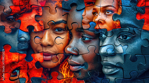 background of puzzle pieces connecting to each other, each representing a different person, idea of unity photo