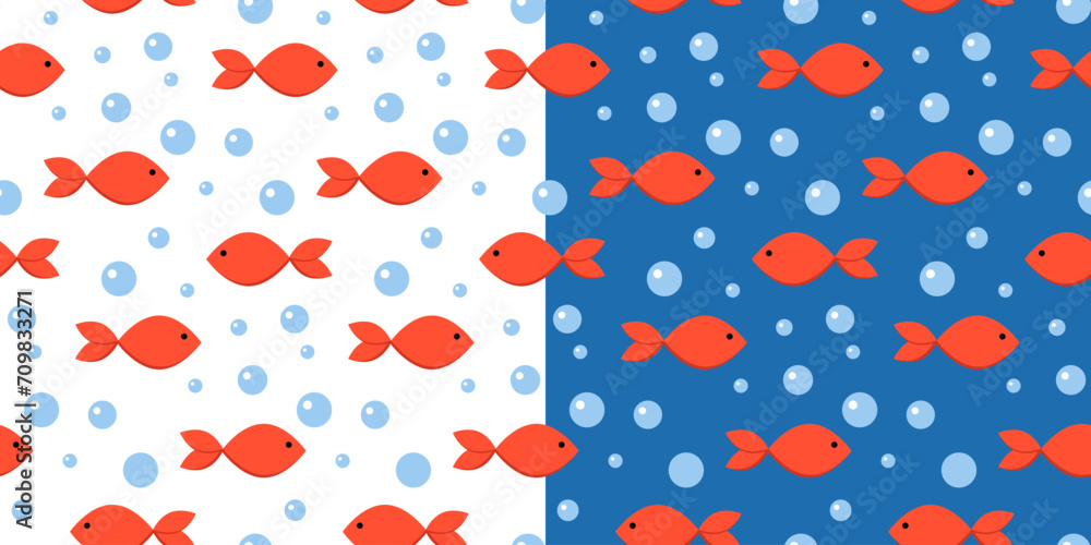 Cute red fish seamless pattern. Fishes and bubbles on white and blue background. For baby fabrics, wrapping paper