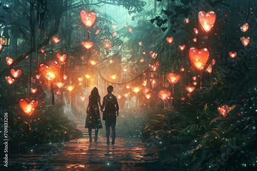 Two individuals holding hands and strolling through a lush garden adorned with heart-shaped lanterns