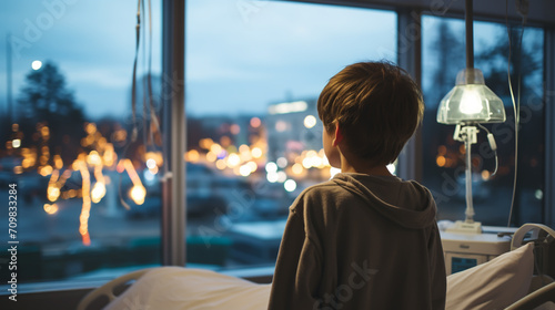 Back view of kid patient sitting on hospital bed looking out of window. Preteen sick boy sitting on bed in hospital ward.