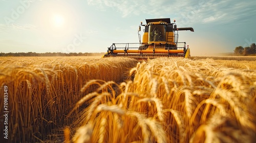 Combine harvester harvests ripe wheat. agriculture