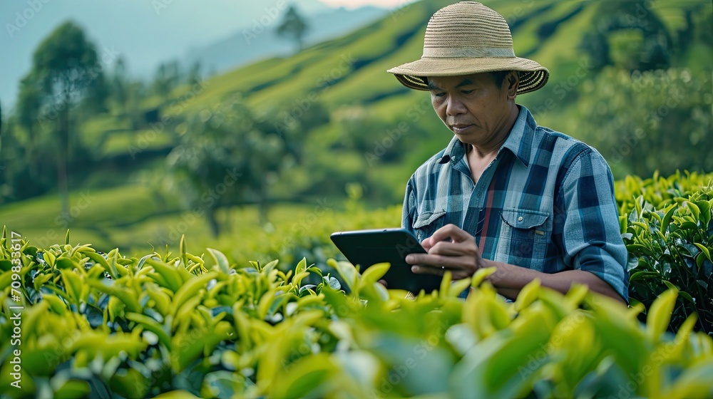 Farmer Tea Plantation checking quality by tablet agriculture modern technology Concept.