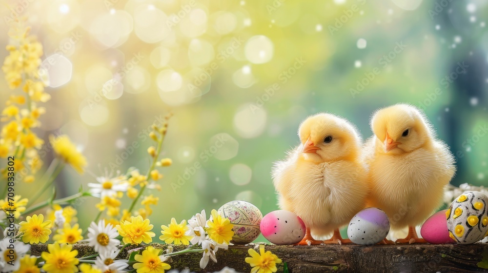 Spring chicks in happy easter background