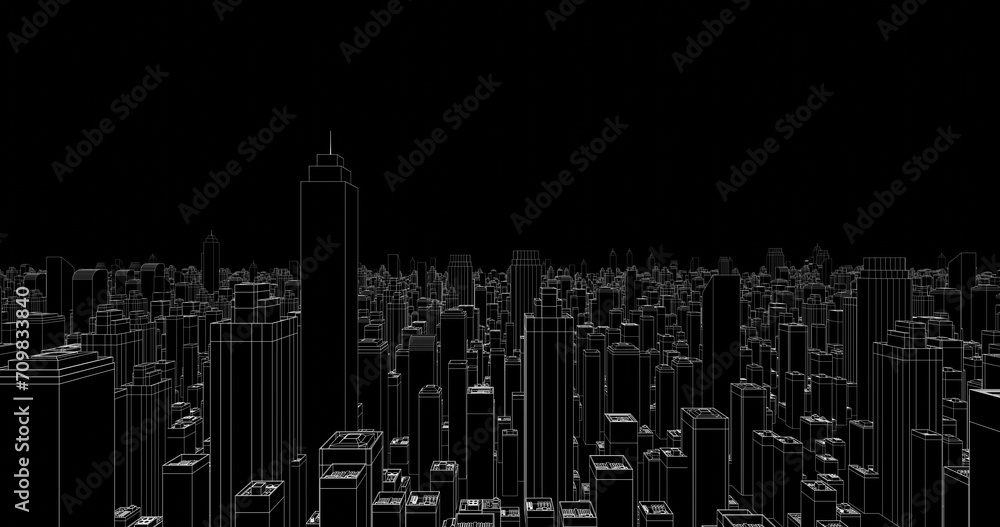 Panoramic aerial view of skyscrapers. Wireframe of urban cityscape. 3D rendering.