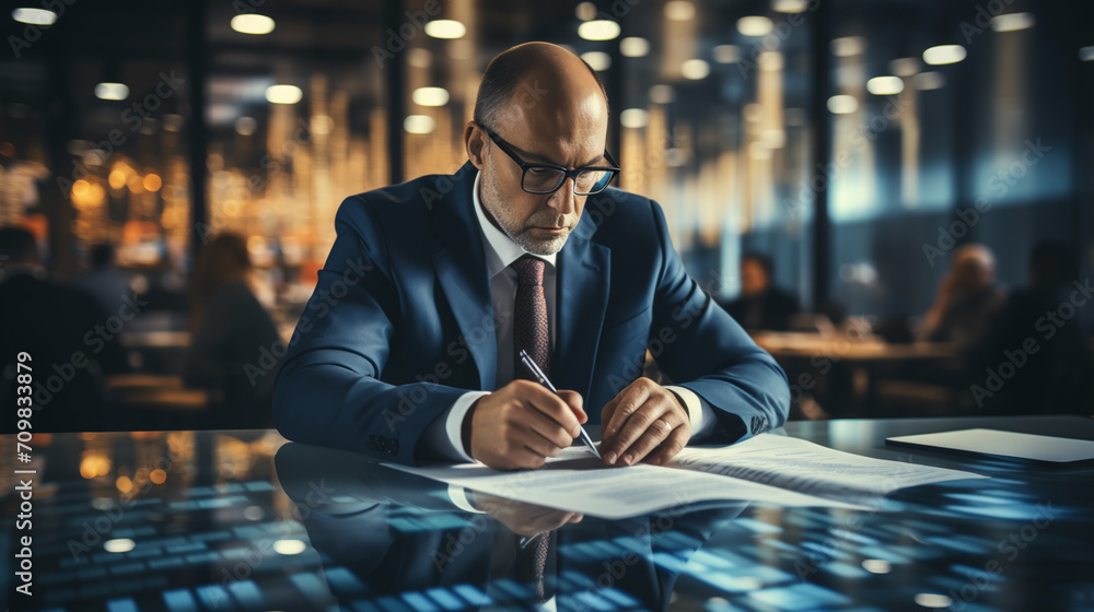 Typing auditor, computer and elderly man in studio, working and ...