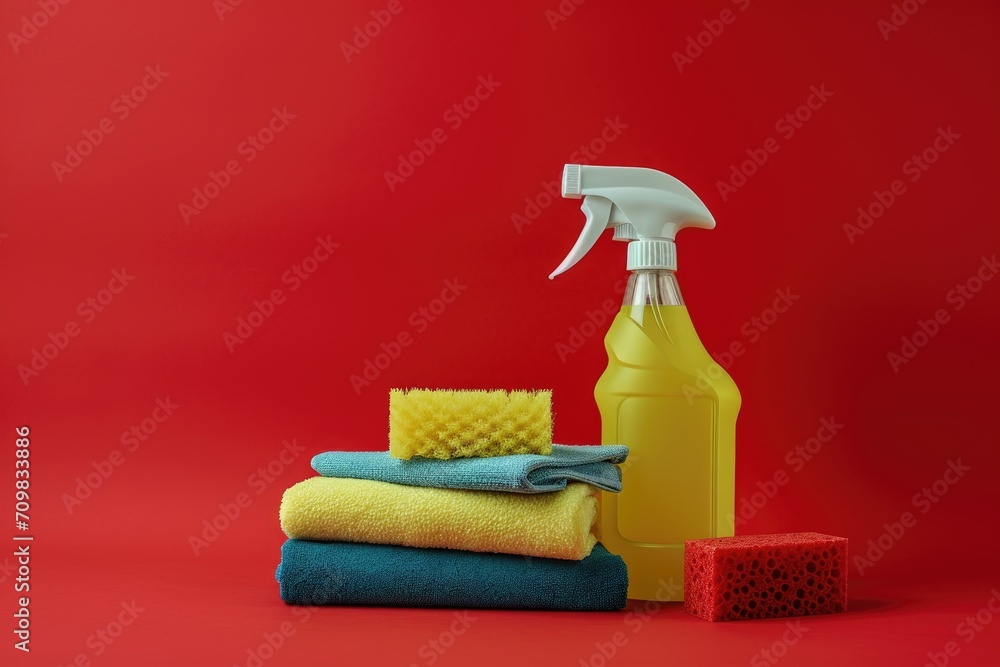 Cleaning spray bottle with cloths and sponge on a red background. Minimalistic composition with copy space for design, poster, banner. Spring cleaning tools and equipment concept. Cleaning spray bottle with cloths and sponge on a red background. Minimalistic composition with copy space for design, poster, banner. Spring cleaning tools and equipment concept.