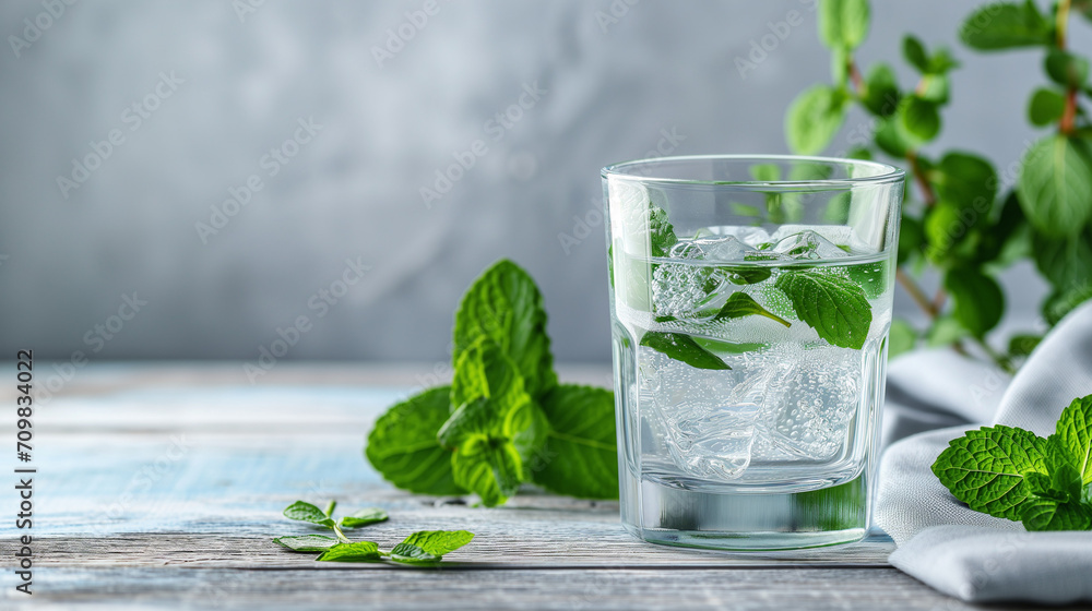 Glass of soda water and mint on white wooden table. Space for text, Generative AI Glass of soda water and mint on white wooden table. Space for text, Generative AI
