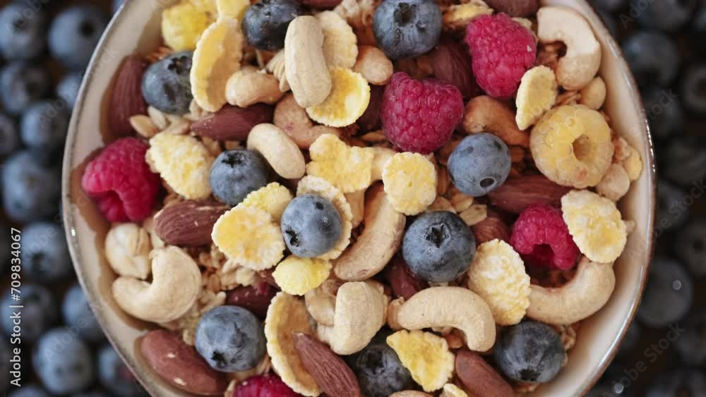 Instant Oatmeal with wild berry, Whole Grain. Bio organic dairy free. High in fibre. Granola food background rotation Instant Oatmeal with wild berry, Whole Grain. Bio organic dairy free. High in fibre. Granola food background rotation