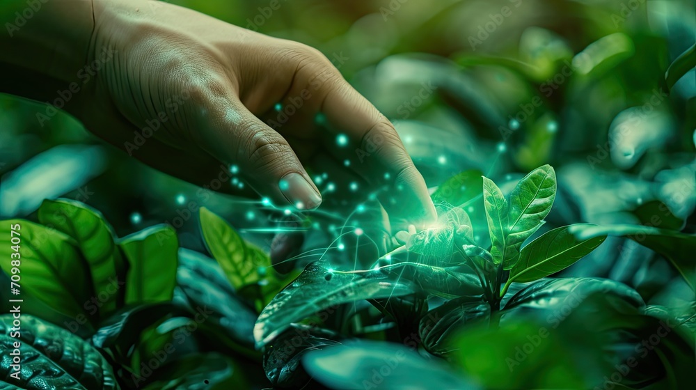 smart agriculture futuristic industry 4.0 technology concept, cyborg hand put to touch hand with green leaves with hud technology including artificial intelligence, 5g to analysis data of smart farm smart agriculture futuristic industry 4.0 technology concept, cyborg hand put to touch hand with green leaves with hud technology including artificial intelligence, 5g to analysis data of smart farm