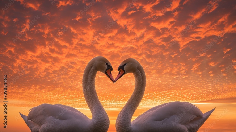 Fototapeta premium Two swans making a heart shape at sunset forming a pattern of love