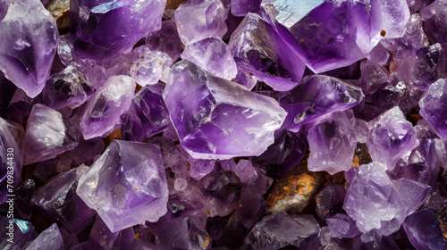 Amethyst crystal clusters, beautiful purple gemstone close-up luxury background. Concepts of spirituality and healing, precious gems and minerals collection.