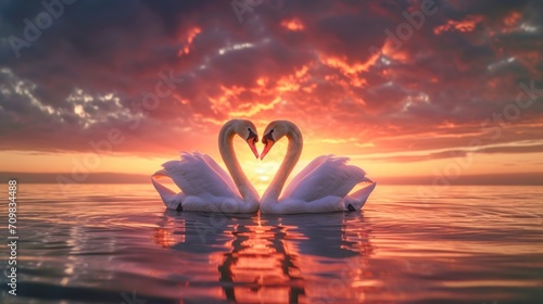 Two swans making a heart shape at sunset forming a pattern of love