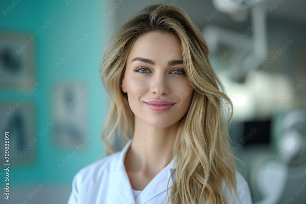 Obraz premium Portrait of young caucasian female dentist, standing in the office.