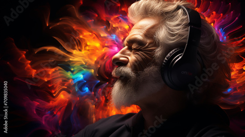 Happy hipster senior man listening to playlist music. Abstract background of Inspiration  dreams  flights of fancy. Color powder explosion