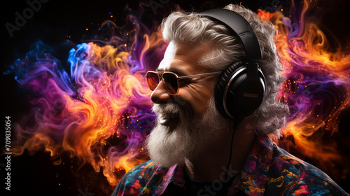 Happy hipster senior man listening to playlist music. Abstract background of Inspiration, dreams, flights of fancy. Color powder explosion